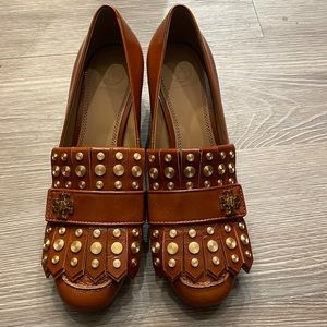 Tory Burch Brown Leather Studded Kiltie Loafers